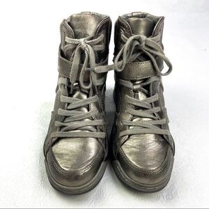 ASH ‘Billie’ Pewter Silver Leather Hi-Top Wedge Sneakers Booties Size EU35 US5.